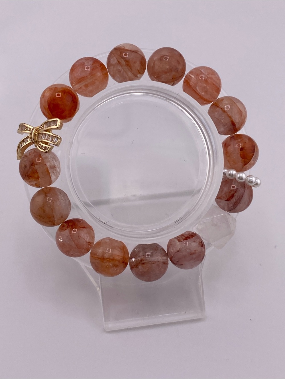 Natural Red Strawberry Quartz Bracelet - Gold Crystal Bow Charm